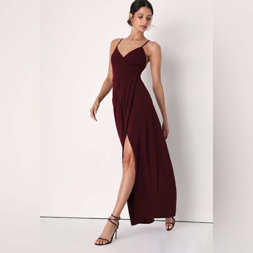 Lulus Extra Extravagance Burgundy Surplice Maxi Dress Size S NWT